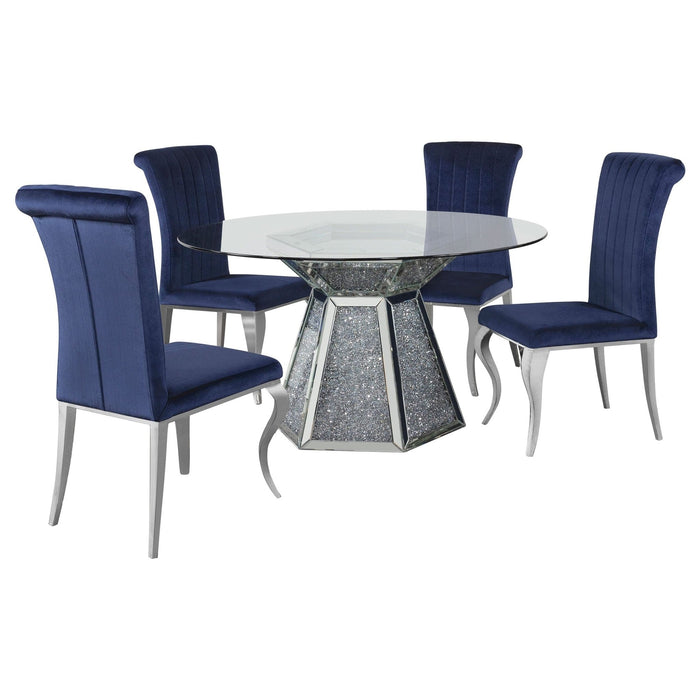 Quinn 5 - piece Round Glass Top Mirrored Dining Set Ink Blue - Walo Furniture