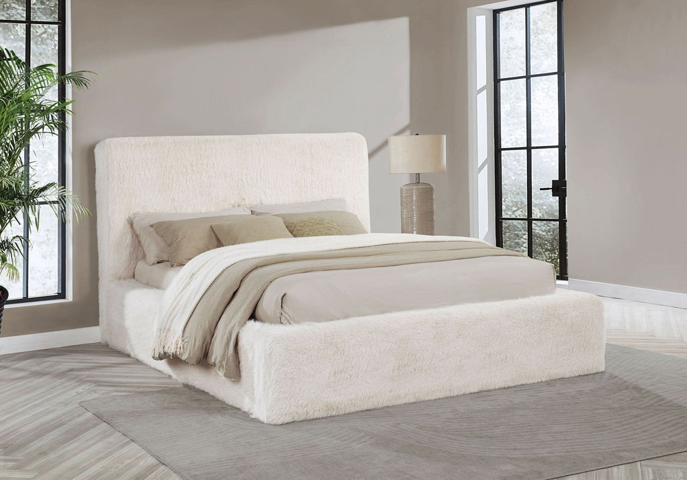 Rebecca Faux Fur Upholstered California King Bed Cream - Walo Furniture