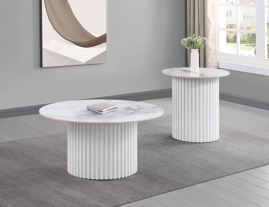 Rowena Round Sintered Stone Coffee Table White Faux Marble - Walo Furniture