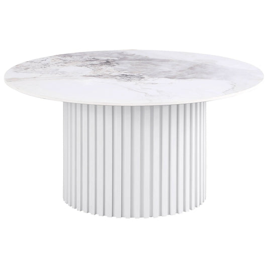 Rowena Round Sintered Stone Coffee Table White Faux Marble - Walo Furniture