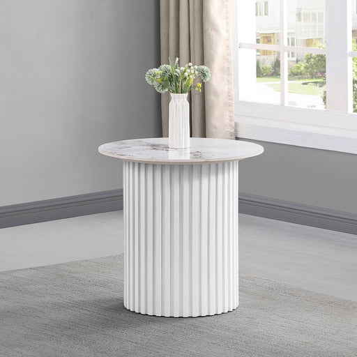 Rowena Round Sintered Stone End Table White Faux Marble - Walo Furniture