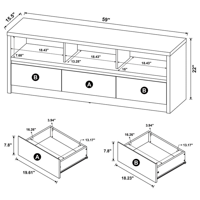 Rutland 59 - inch 3 - drawer TV Stand Media Console Black - Walo Furniture