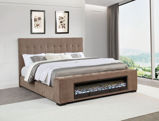 Senna Upholstered California King Audio Fireplace Bed Brown - Walo Furniture