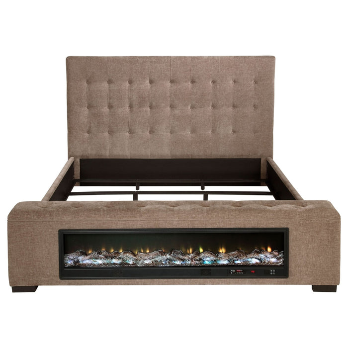 Senna Upholstered Eastern King Audio Fireplace Bed Brown - Walo Furniture