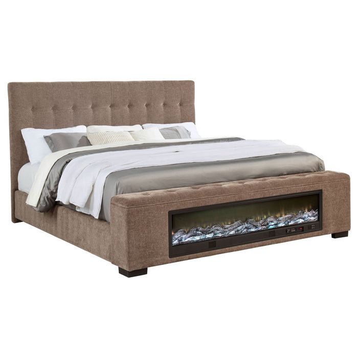 Senna Upholstered Queen Audio Fireplace Bed Brown - Walo Furniture