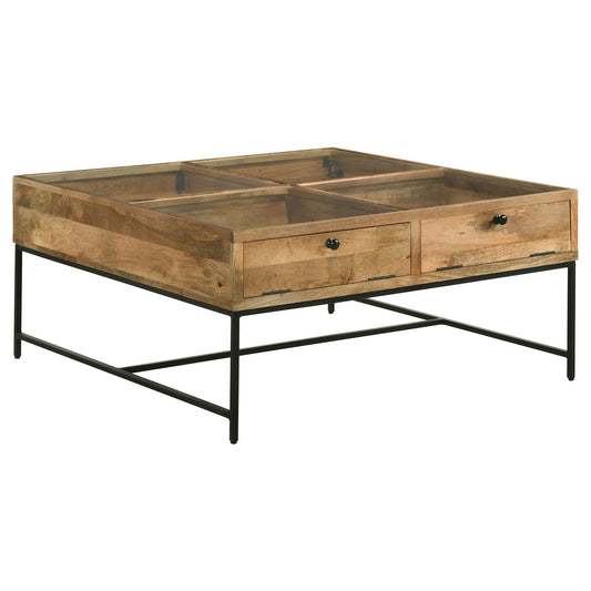 Stephie 4 - drawer Square Glass Top Coffee Table Honey Brown - Walo Furniture