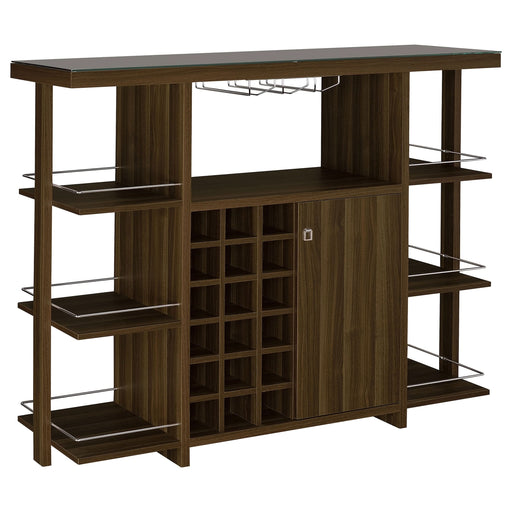 Evelio 6-shelf Glass Top Home Bar Wine Cabinet Walnut - Walo Furniture 