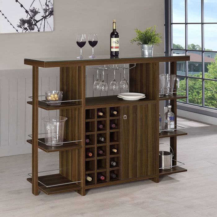 Evelio 6-shelf Glass Top Home Bar Wine Cabinet Walnut - Walo Furniture 