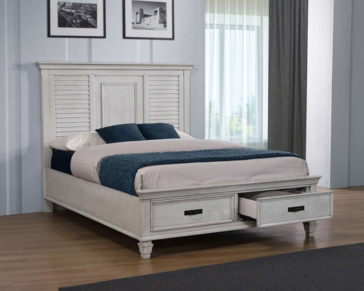 Franco Wood Eastern King Storage Panel Bed Distressed White - Walo Furniture 