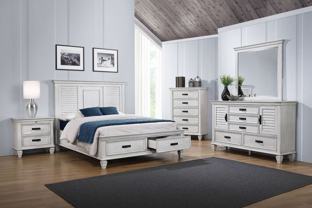 Franco Wood Queen Storage Panel Bed Distressed White - Walo Furniture 