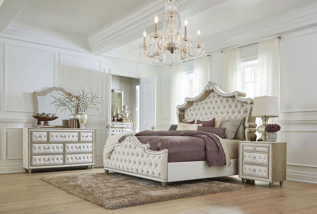 Antonella Upholstered Queen Panel Bed Ivory and Camel with Mattress