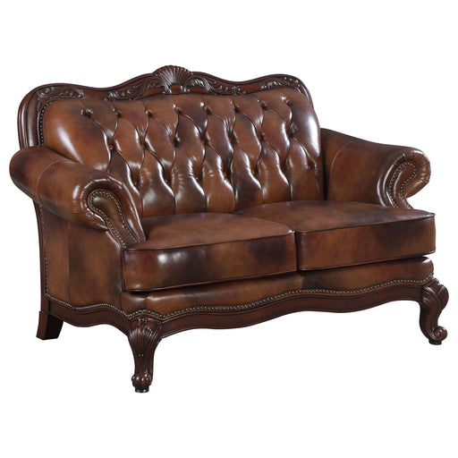 Victoria Full Leather Upholstered Rolled Arm Loveseat Brown - Walo Furniture 