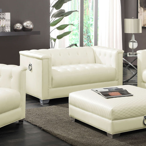 Chaviano Upholstered Track Arm Loveseat Pearl White - Walo Furniture 