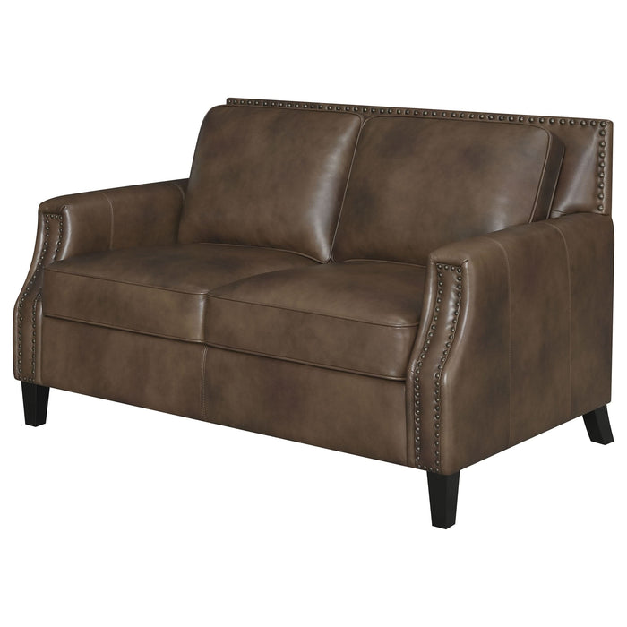 Leaton Upholstered Recessed Arm Loveseat Brown Sugar - Walo Furniture 