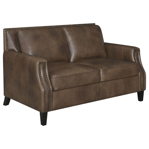 Leaton Upholstered Recessed Arm Loveseat Brown Sugar - Walo Furniture 