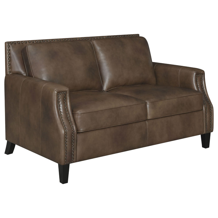 Leaton Upholstered Recessed Arm Loveseat Brown Sugar - Walo Furniture 