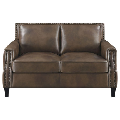 Leaton Upholstered Recessed Arm Loveseat Brown Sugar - Walo Furniture 