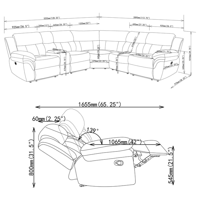 Bahrain 6-piece Modular Reclining Sectional Sofa Charcoal - Walo Furniture 