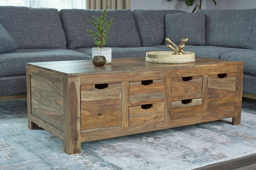 Esther 6-drawer Solid Wood Coffee Table Natural Sheesham - Walo Furniture 