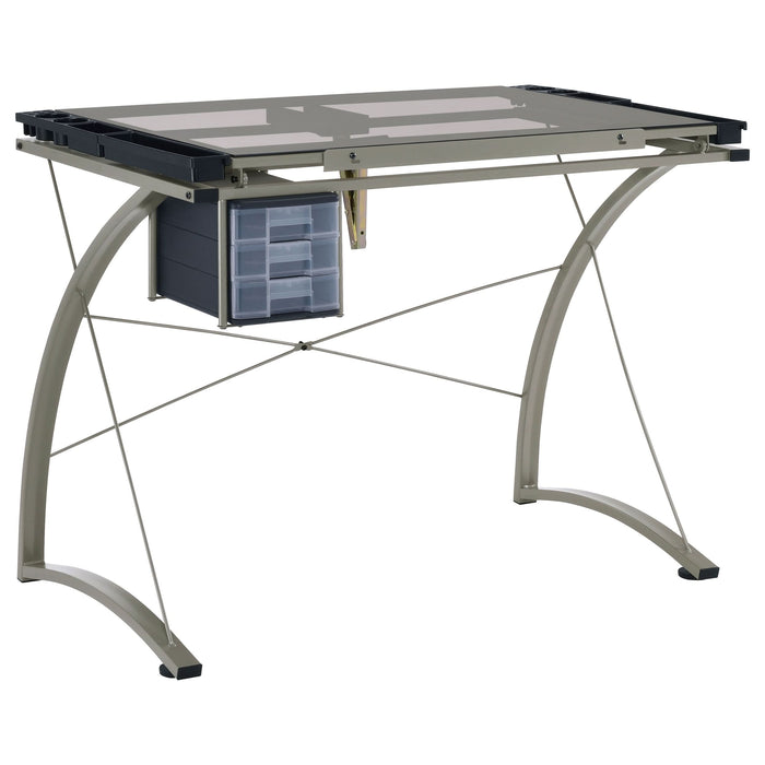 Melo 41-inch Glass Top Drafting Table with Storage Silver - Walo Furniture 