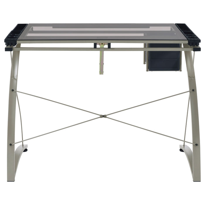 Melo 41-inch Glass Top Drafting Table with Storage Silver - Walo Furniture 