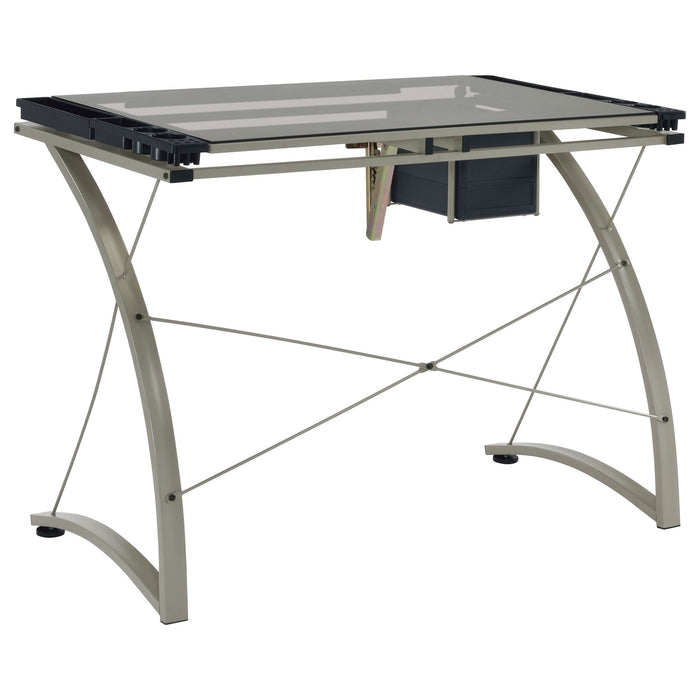 Melo 41-inch Glass Top Drafting Table with Storage Silver - Walo Furniture 