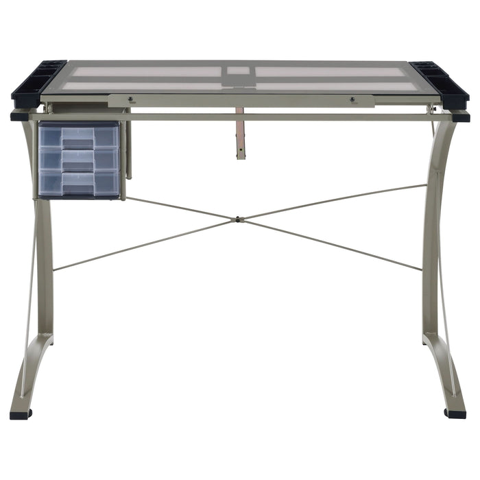 Melo 41-inch Glass Top Drafting Table with Storage Silver - Walo Furniture 