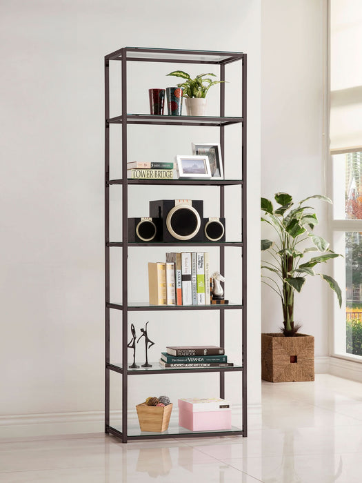 Kate 78-inch 5-shelf Glass Bookshelf Black Nickel - Walo Furniture 