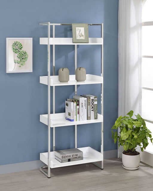 Ember 68-inch 4-shelf Bookshelf White High Gloss and Chrome - Walo Furniture 