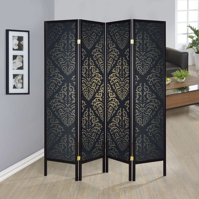 Haidera 4-Panel Room Divider Folding Screen Black Damask - Walo Furniture 