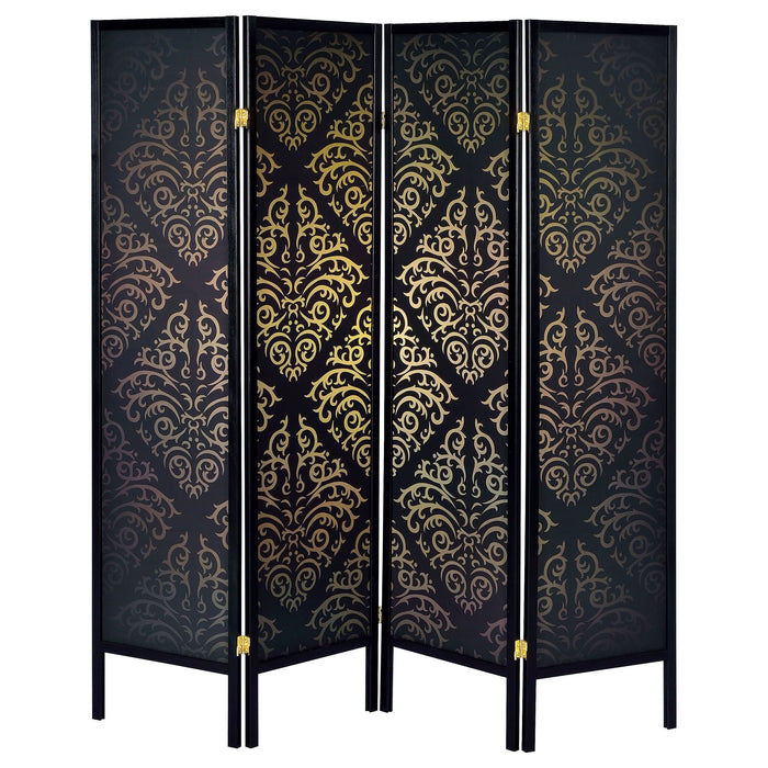 Haidera 4-Panel Room Divider Folding Screen Black Damask - Walo Furniture 