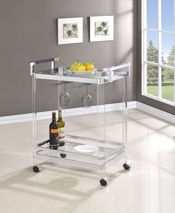 Jefferson 2-tier Glass Shelf Acrylic Bar Cart Chrome - Walo Furniture 