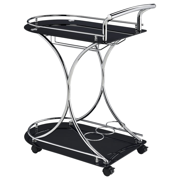 Elfman 2-tier Glass Shelf Metal Bar Cart Black and Chrome - Walo Furniture 