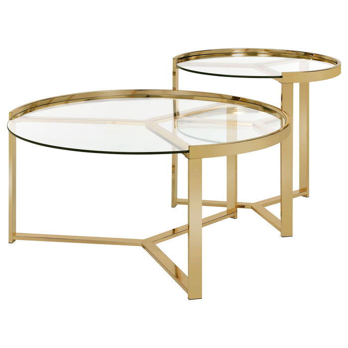 Delia 2-Piece Round Glass Top Nesting Coffee Table Gold - Walo Furniture 