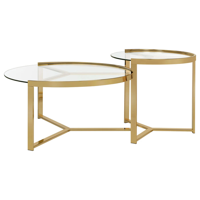 Delia 2-Piece Round Glass Top Nesting Coffee Table Gold - Walo Furniture 