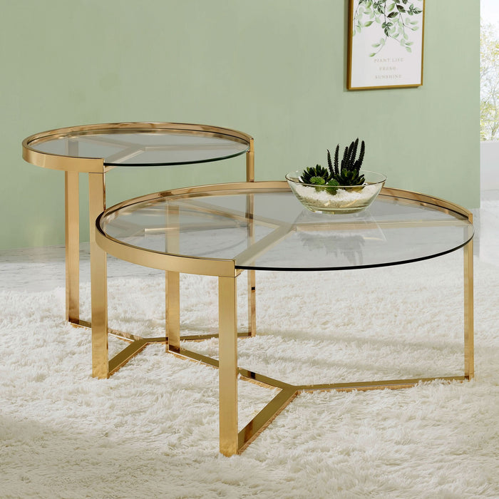 Delia 2-Piece Round Glass Top Nesting Coffee Table Gold - Walo Furniture 