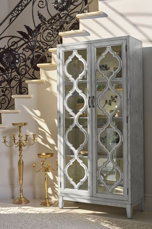 Mckellen 2-door Wood Trellis Tall Cabinet Distressed White - Walo Furniture 