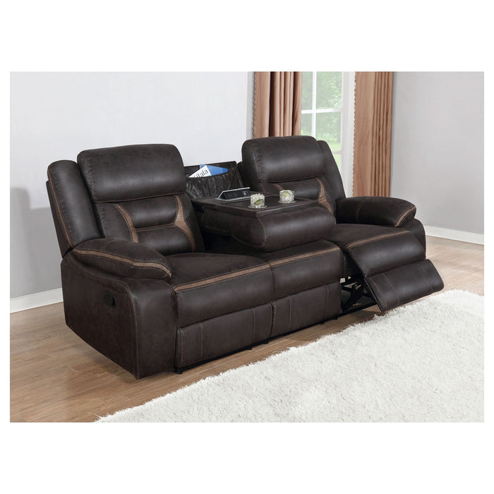 Greer Upholstered Motion Reclining Sofa Brown