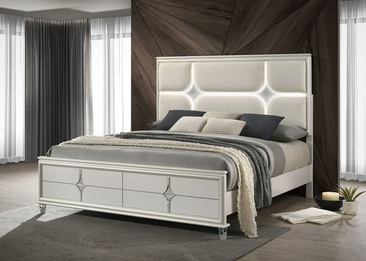 Olivia Eastern King Panel Bed LED Headboard Pearl White