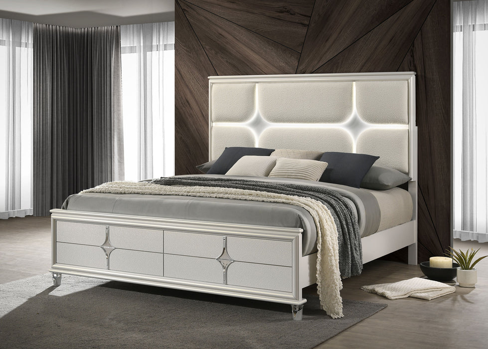 Olivia Queen Panel Bed LED Headboard Pearl White