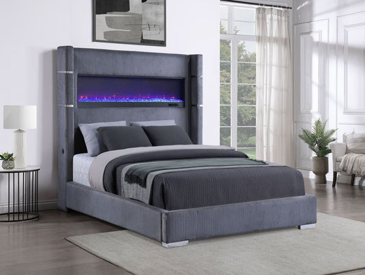 Tisdall Upholstered Cal King Flame Visualizer Bed Grey - Walo Furniture