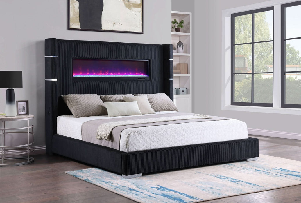 Tisdall Upholstered Eastern King Flame Visualizer Bed Black - Walo Furniture