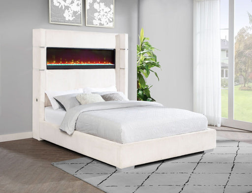 Tisdall Upholstered Eastern King Flame Visualizer Bed Cream - Walo Furniture