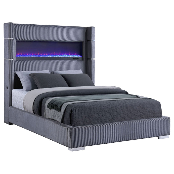 Tisdall Upholstered Eastern King Flame Visualizer Bed Grey - Walo Furniture