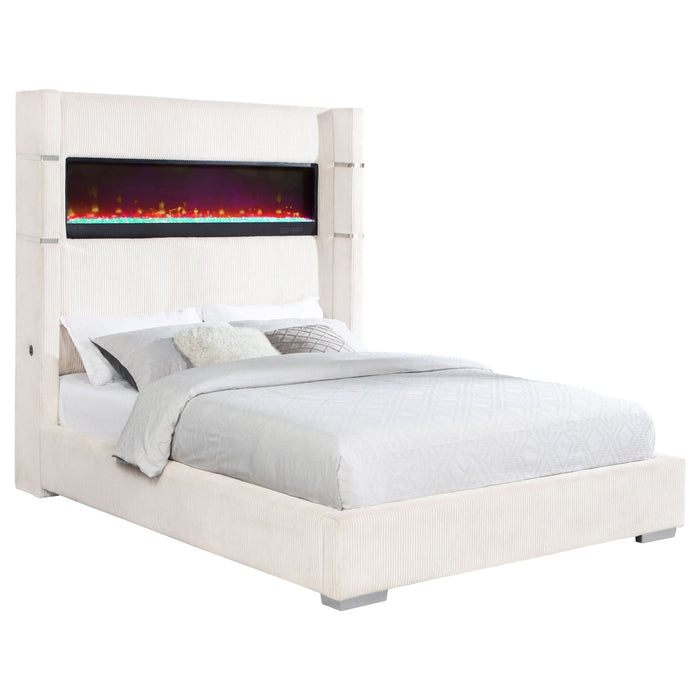 Tisdall Upholstered Queen Flame Visualizer Bed Cream - Walo Furniture