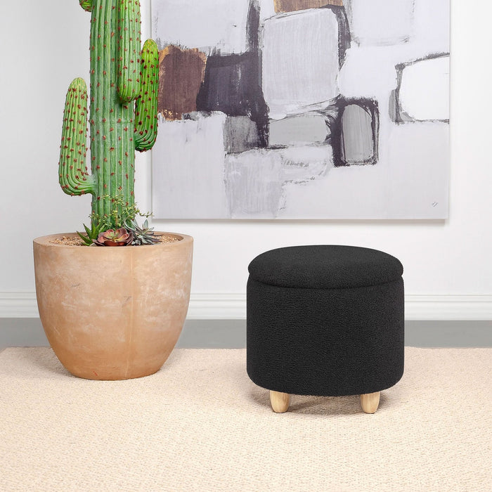 Valia Faux Sheepskin Upholstered Round Storage Ottoman Black - Walo Furniture