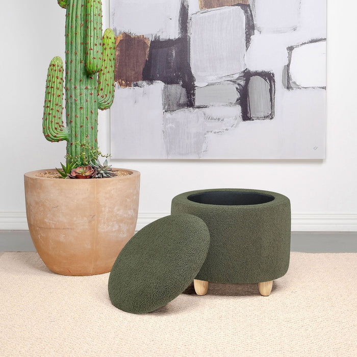 Valia Faux Sheepskin Upholstered Round Storage Ottoman Green - Walo Furniture