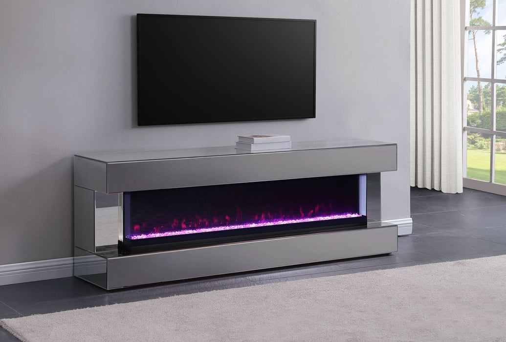 Vallerie 71" TV Stand with Visual Flame Box Grey Mirror - Walo Furniture